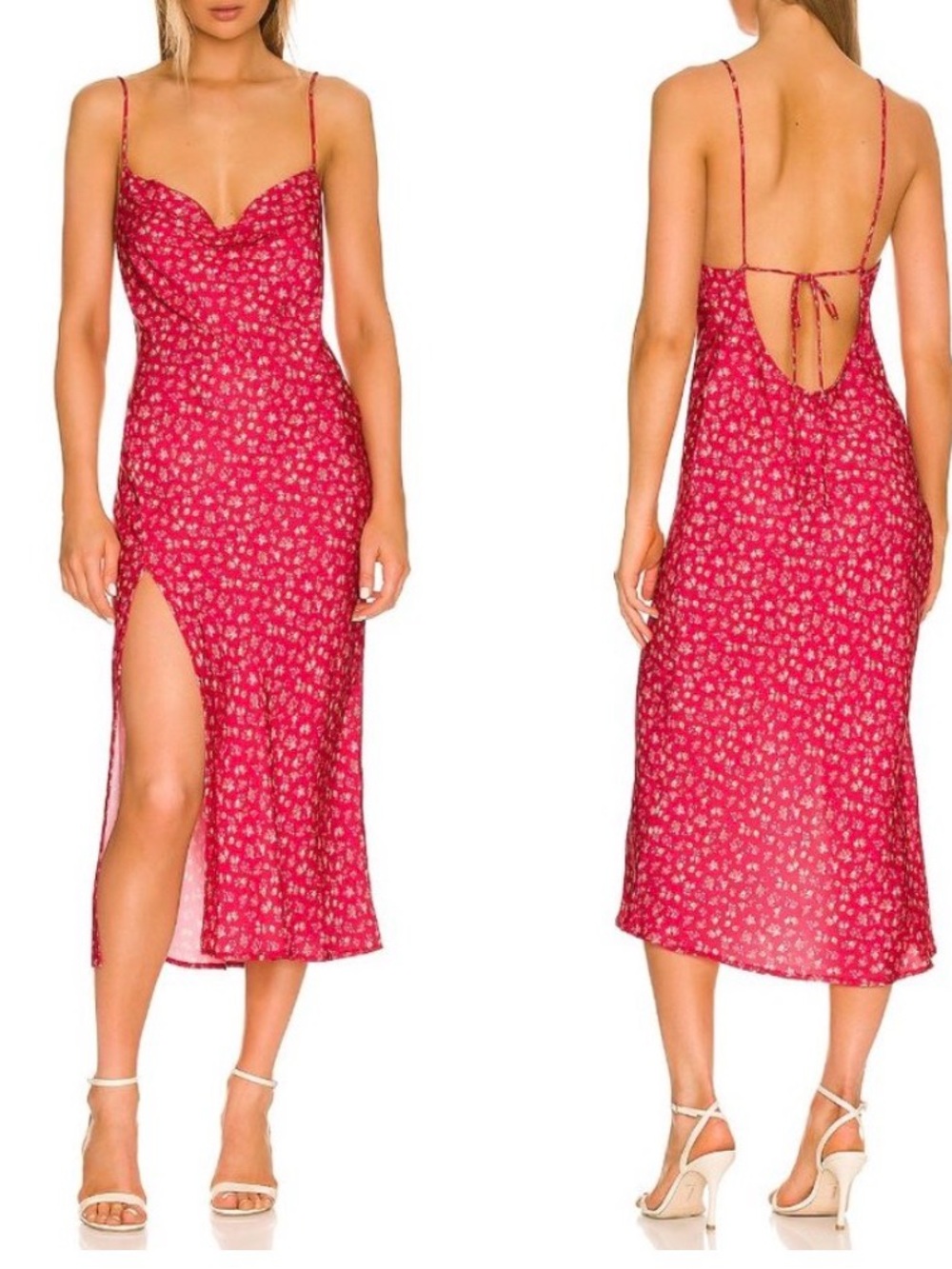 RESA Red Floral Backless Slip Dress with Spaghetti Straps